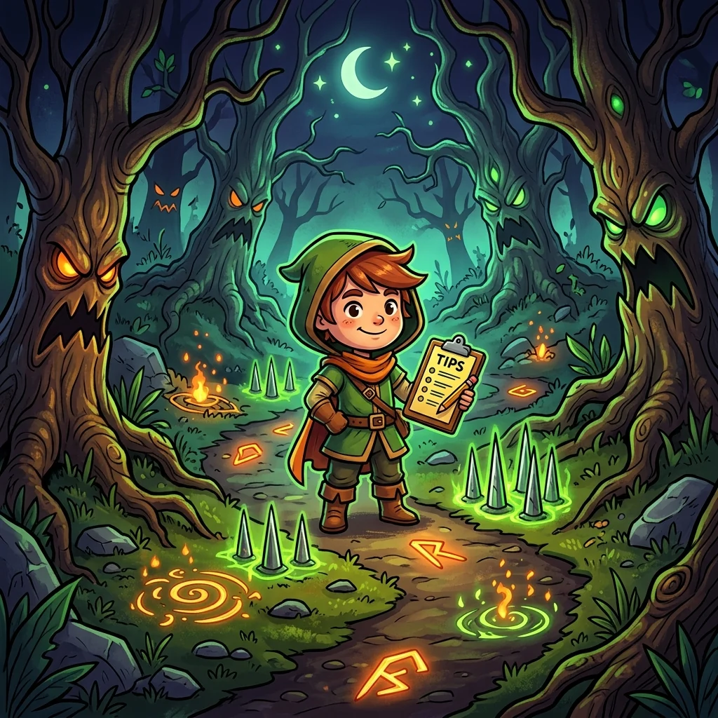 The Trees Hate You character standing near trees and rocks in the forest.