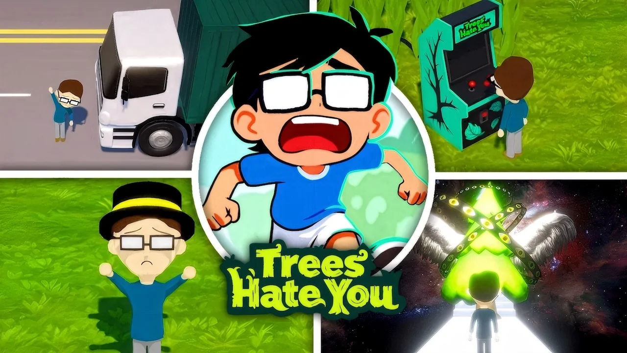 Trees Hate You gameplay in a colorful forest clearing with a winding path.